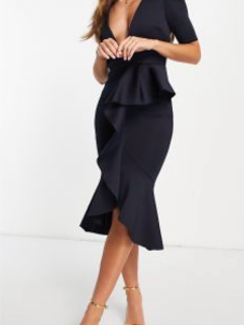 Navy puff shoulder plunge Ruffled midi dress